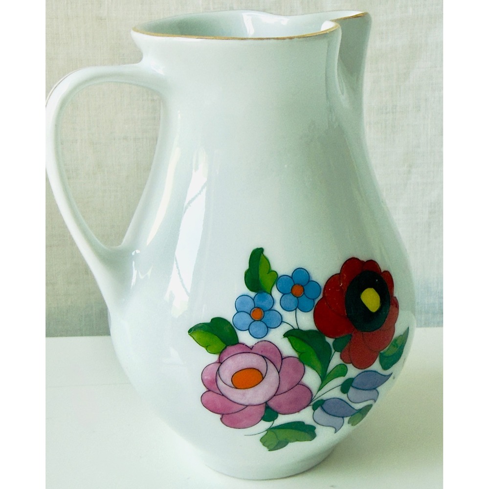 Vintage Kalocsa Hungary Hand-painted Porcelain Pitcher Folk Art Floral Gold Trim - Picture 7 of 12